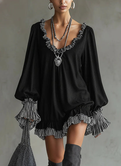 Vestido mini mujer efecto ante con volantes y detalles a rayas - Mavetta