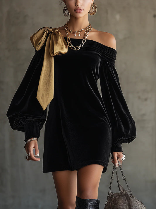 Vestido mini mujer de terciopelo suave hombros descubiertos lazo satén - Mavetta
