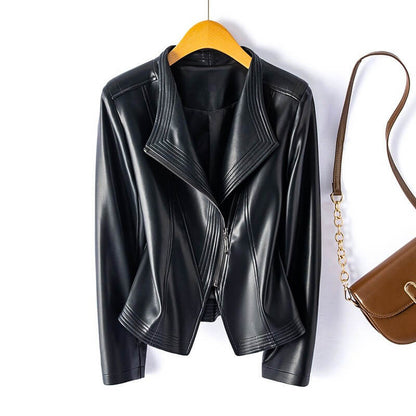 Chaqueta Biker Mujer Cuero Sintético Cremallera Asimétrica Solapa
