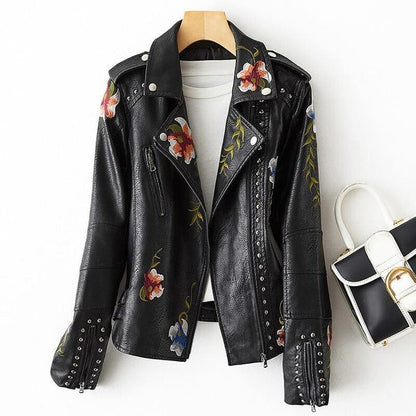 Chaqueta Biker Mujer Cuero Sintético Bordados Tachuelas