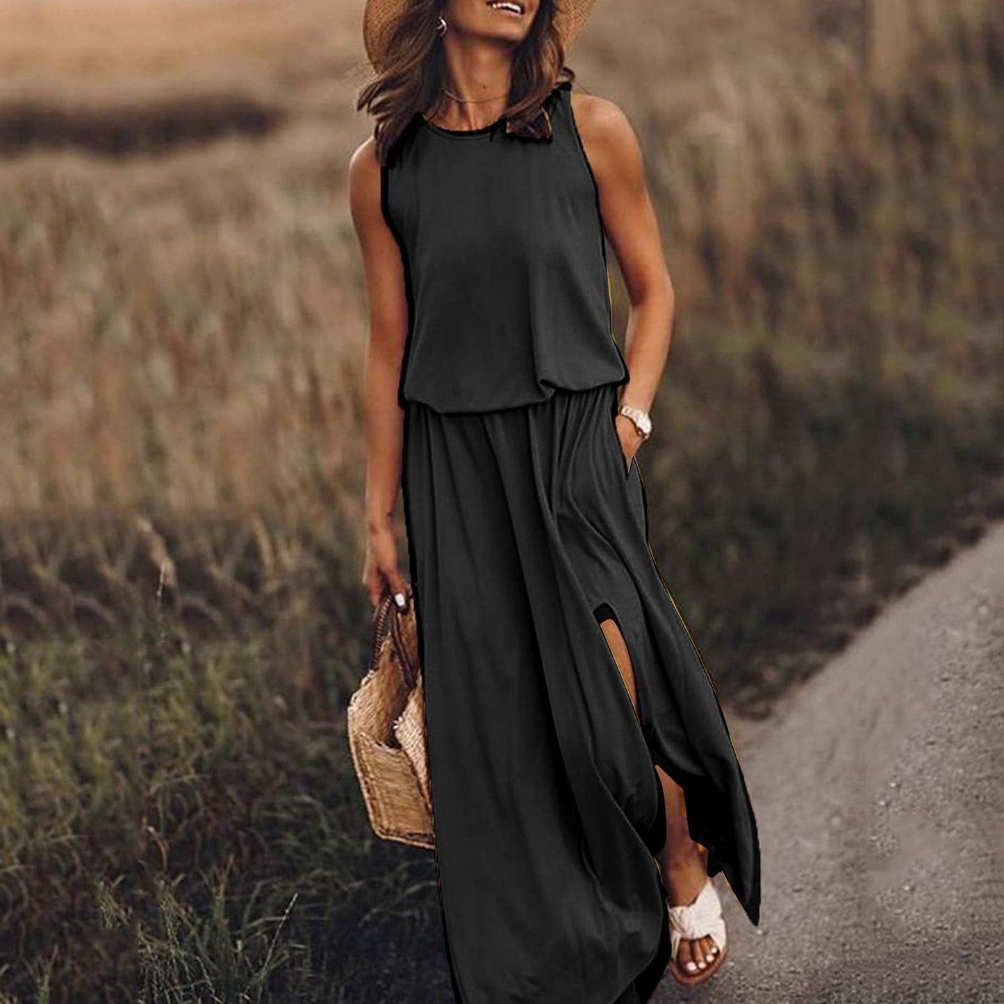 Vestido maxi mujer sin mangas abertura lateral elegante