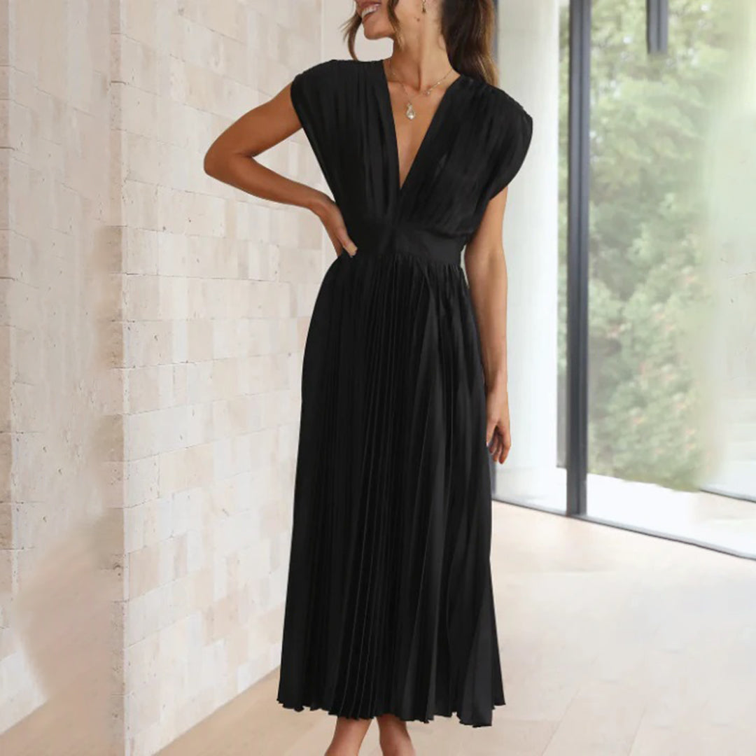 Vestido Mujer Plisado Gasa Escote en V Espalda Descubierta