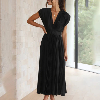 Vestido Mujer Plisado Gasa Escote en V Espalda Descubierta
