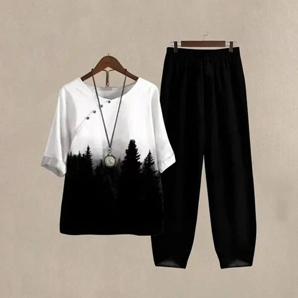 Conjunto Mujer Blusa Floral y Pantalón Recto