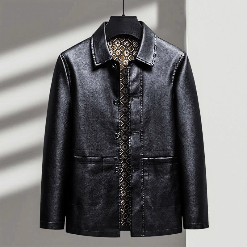 Chaqueta Hombre de Cuero Sintético con Cuello Camisero y Botones