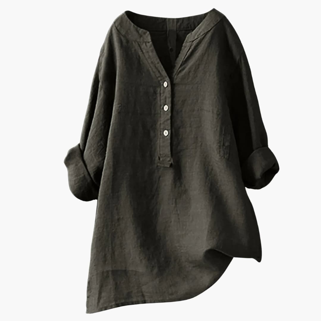 Blusa mujer de lino manga larga cuello en V botones holgada