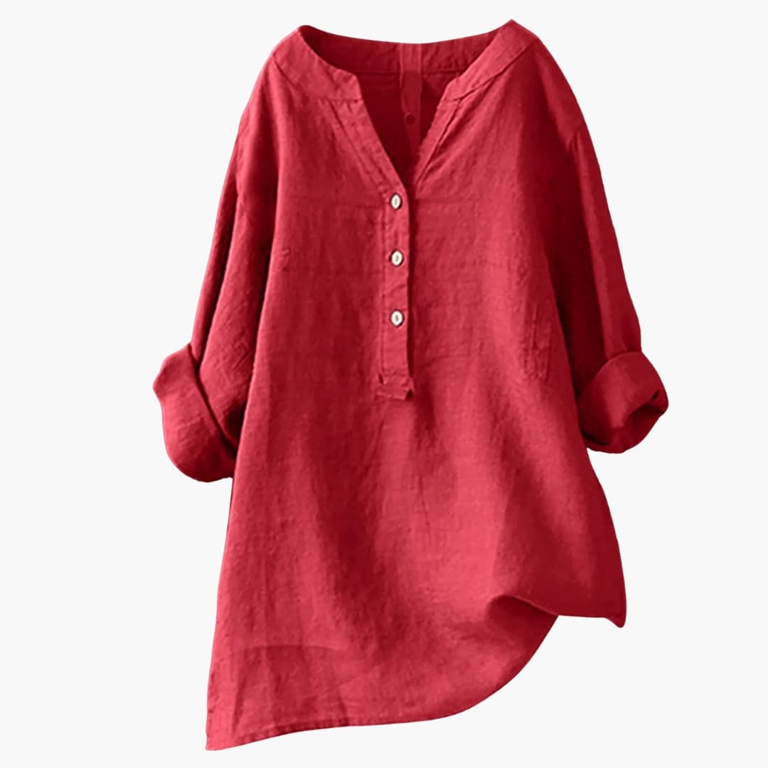 Blusa mujer de lino manga larga cuello en V botones holgada
