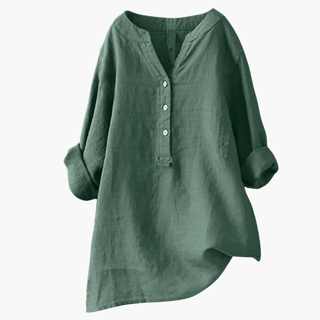 Blusa mujer de lino manga larga cuello en V botones holgada - Mavetta