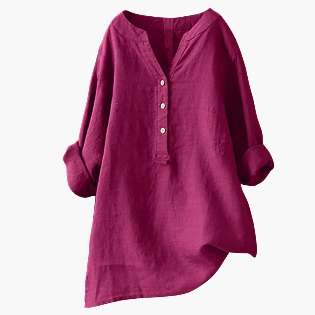 Blusa mujer de lino manga larga cuello en V botones holgada