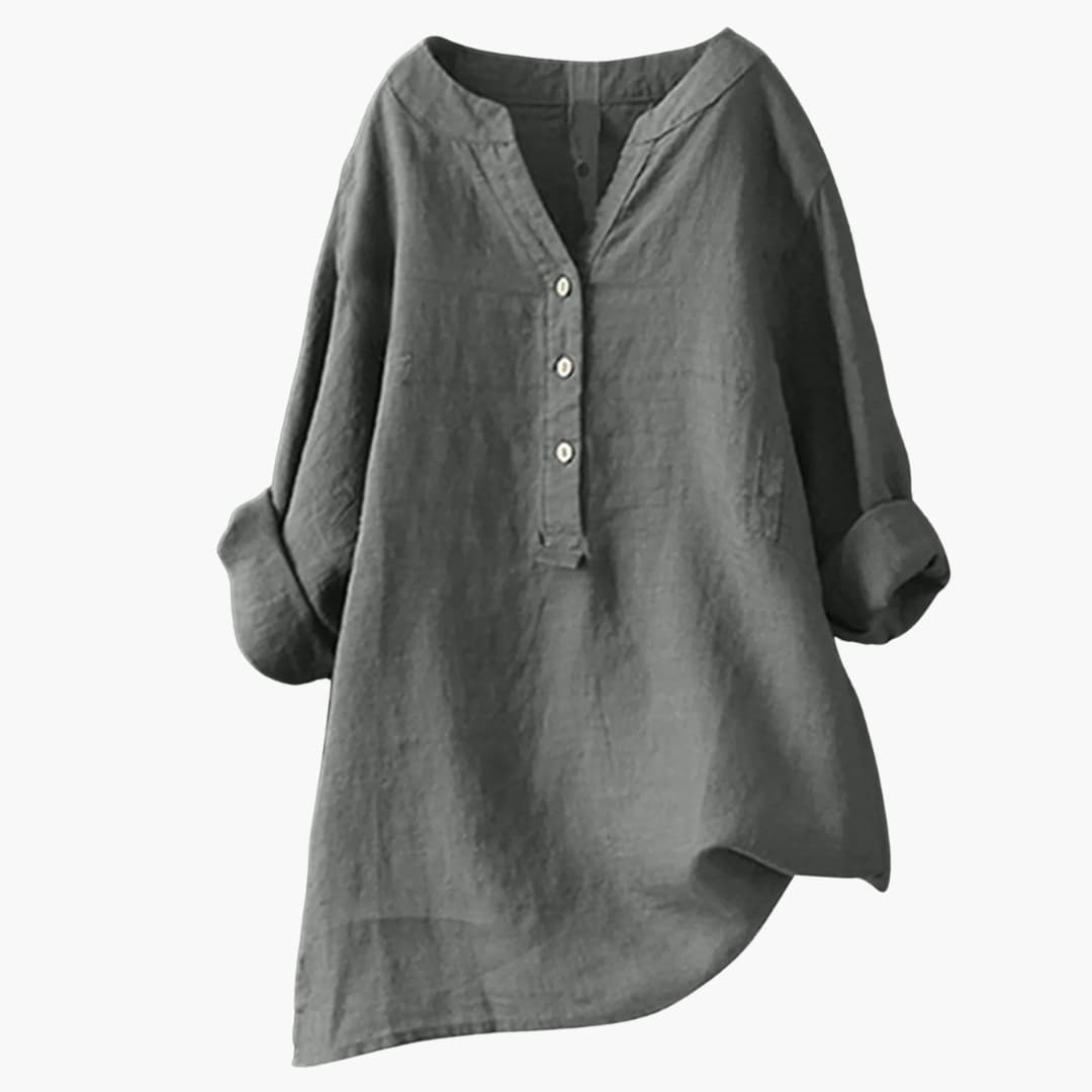 Blusa mujer de lino manga larga cuello en V botones holgada