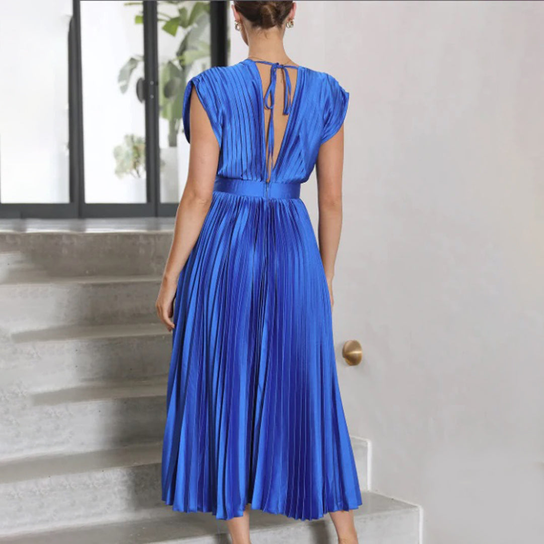 Vestido Mujer Plisado Gasa Escote en V Espalda Descubierta