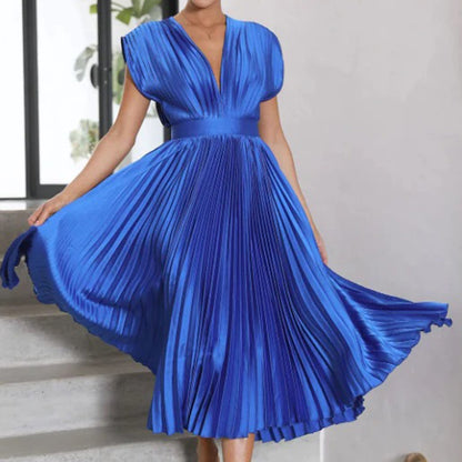 Vestido Mujer Plisado Gasa Escote en V Espalda Descubierta