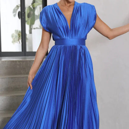 Vestido Mujer Plisado Gasa Escote en V Espalda Descubierta