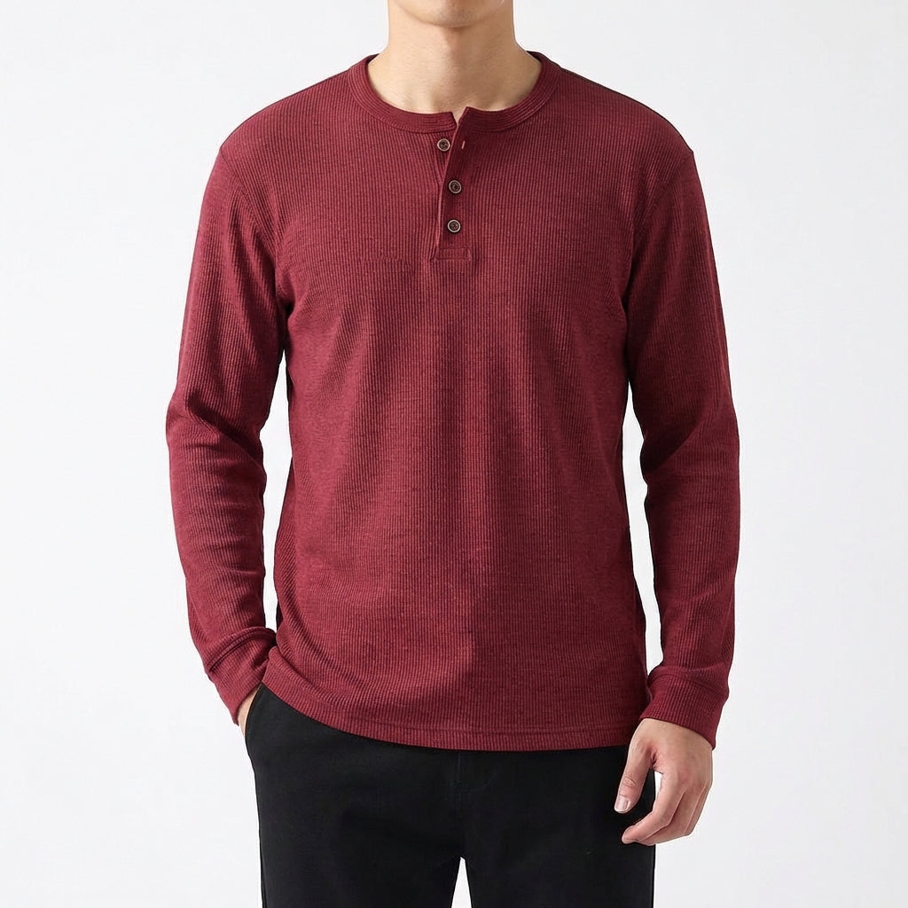 Camiseta Henley Hombre Algodón Manga Larga Casual