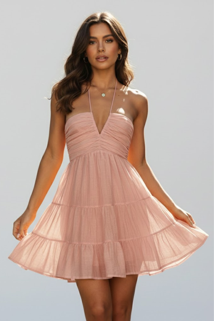 Vestido Mini Mujer Halter Falda de Volantes