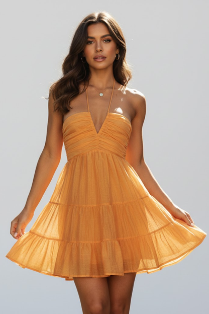 Vestido Mini Mujer Halter Falda de Volantes