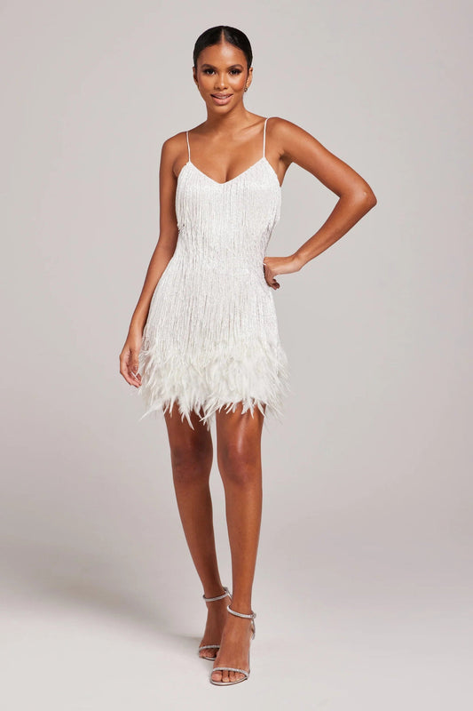 Vestido de cóctel mujer con flecos y plumas elegante - Mavetta