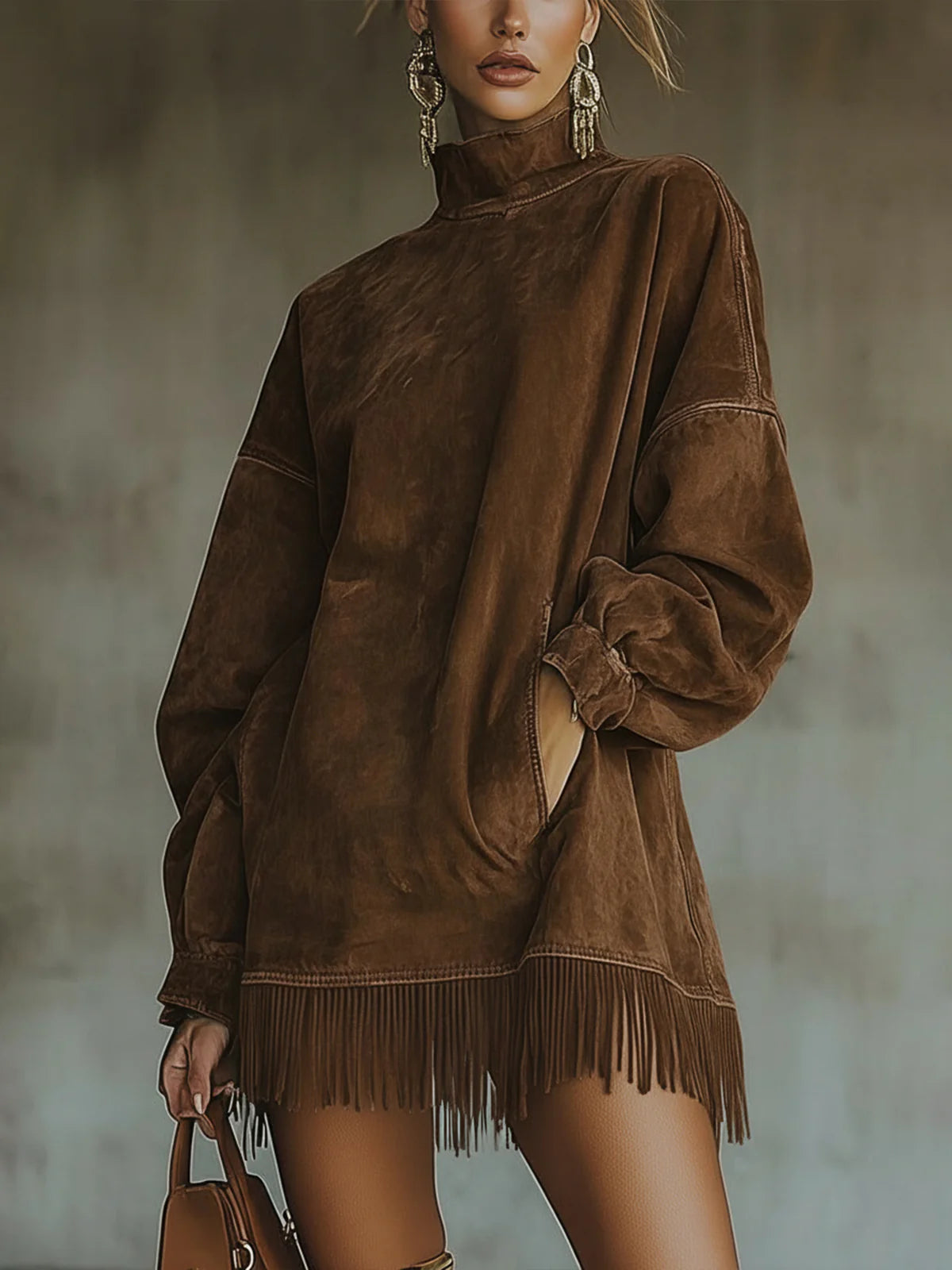 Vestido Mujer Cuello Alto Flecos Estilo Boho Comodo