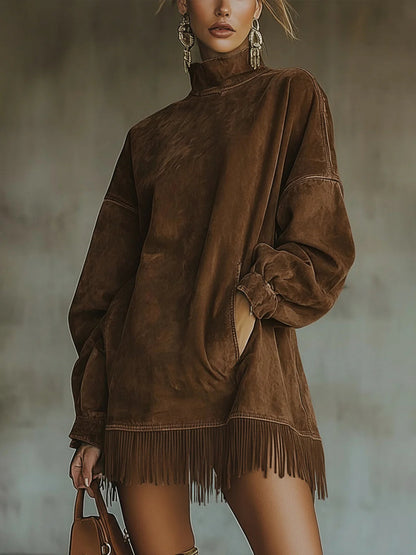 Vestido Mujer Cuello Alto Flecos Estilo Boho Comodo