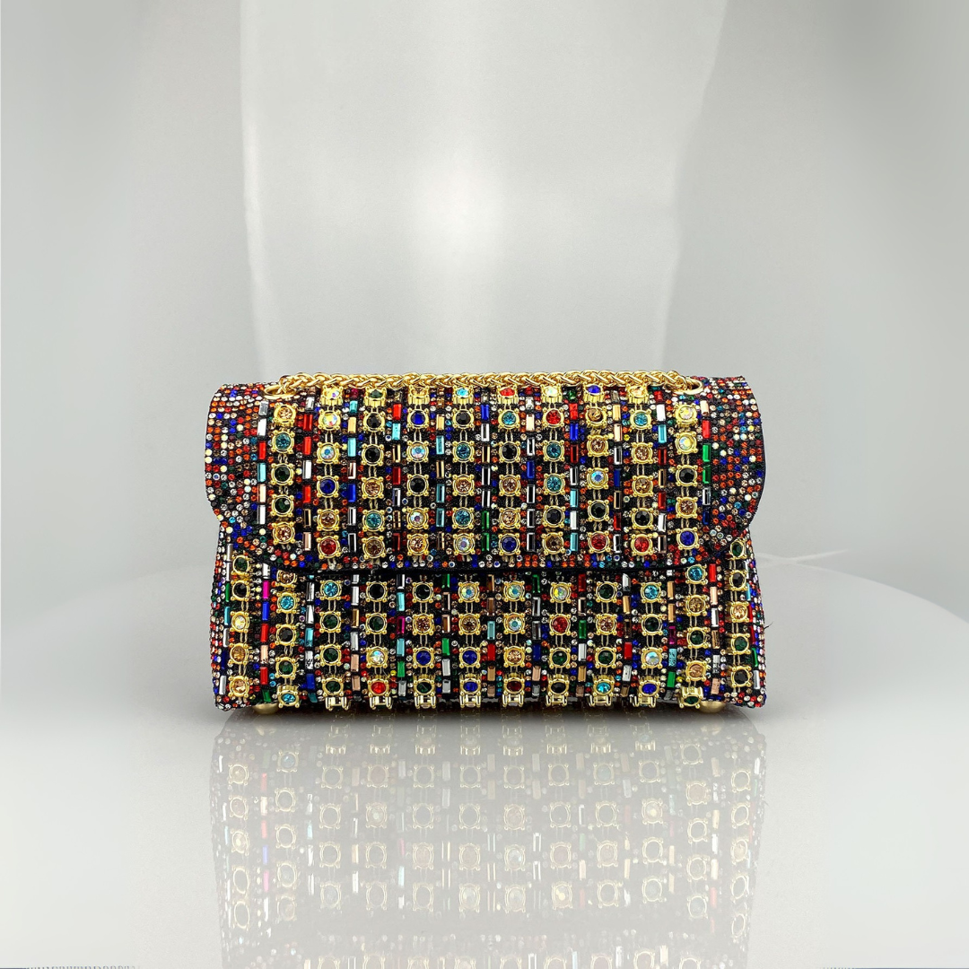 Bolso de hombro mujer con cadena y pedrería estilo clutch