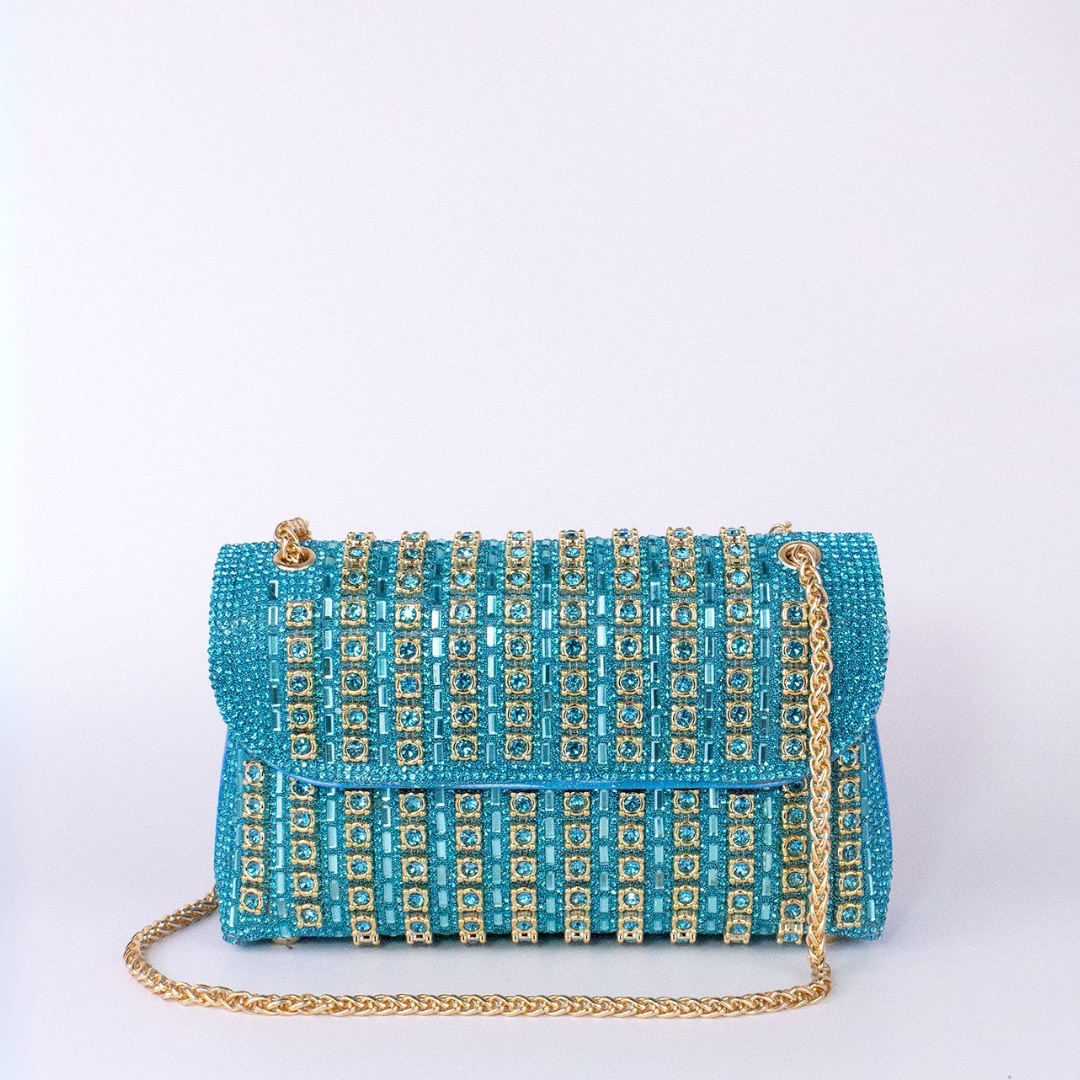 Bolso de hombro mujer con cadena y pedrería estilo clutch