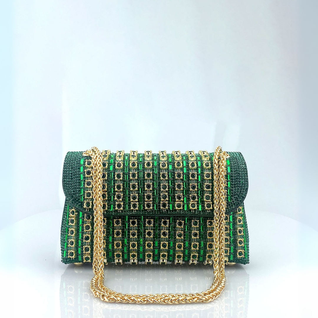 Bolso de hombro mujer con cadena y pedrería estilo clutch