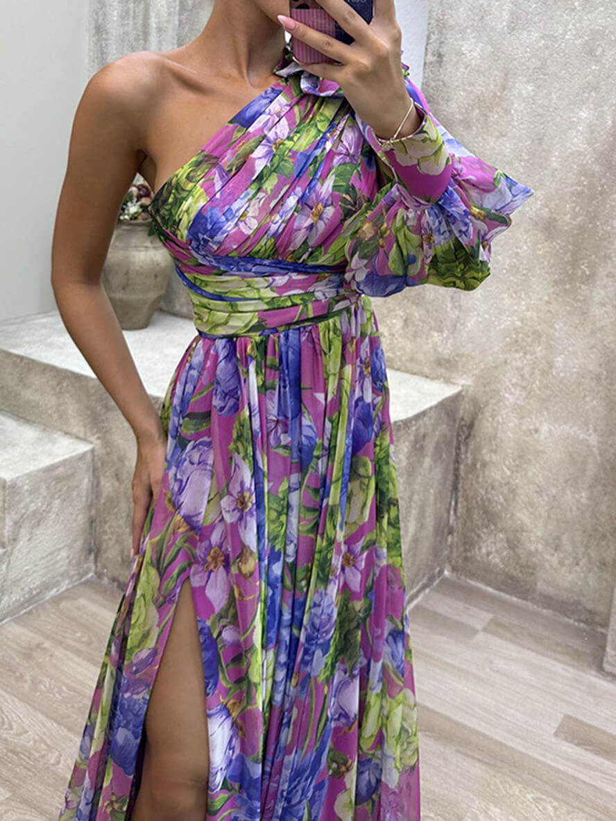 Vestido maxi mujer de gasa un hombro con volantes y abertura alta