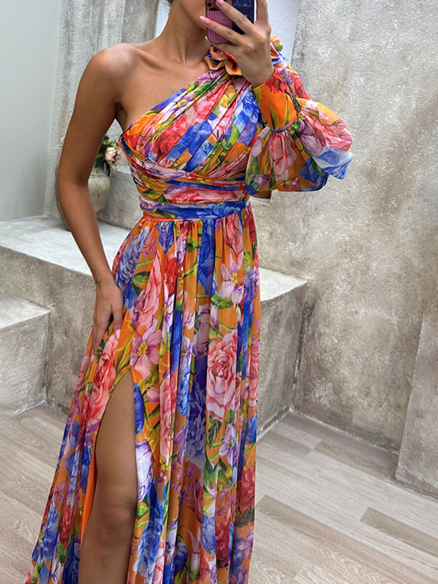 Vestido maxi mujer de gasa un hombro con volantes y abertura alta