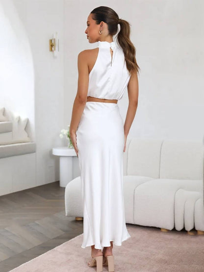 Conjunto Mujer de Satén Halter y Falda Maxi Elegante