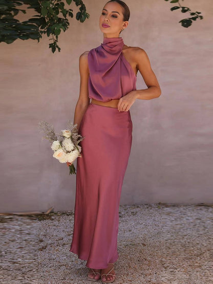Conjunto Mujer de Satén Halter y Falda Maxi
