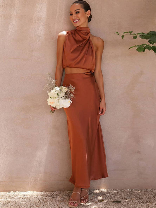 Conjunto Mujer de Satén Halter y Falda Maxi Elegante - Mavetta