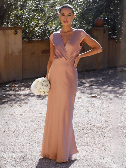 Vestido maxi mujer de satén escote en V mangas cortas capa