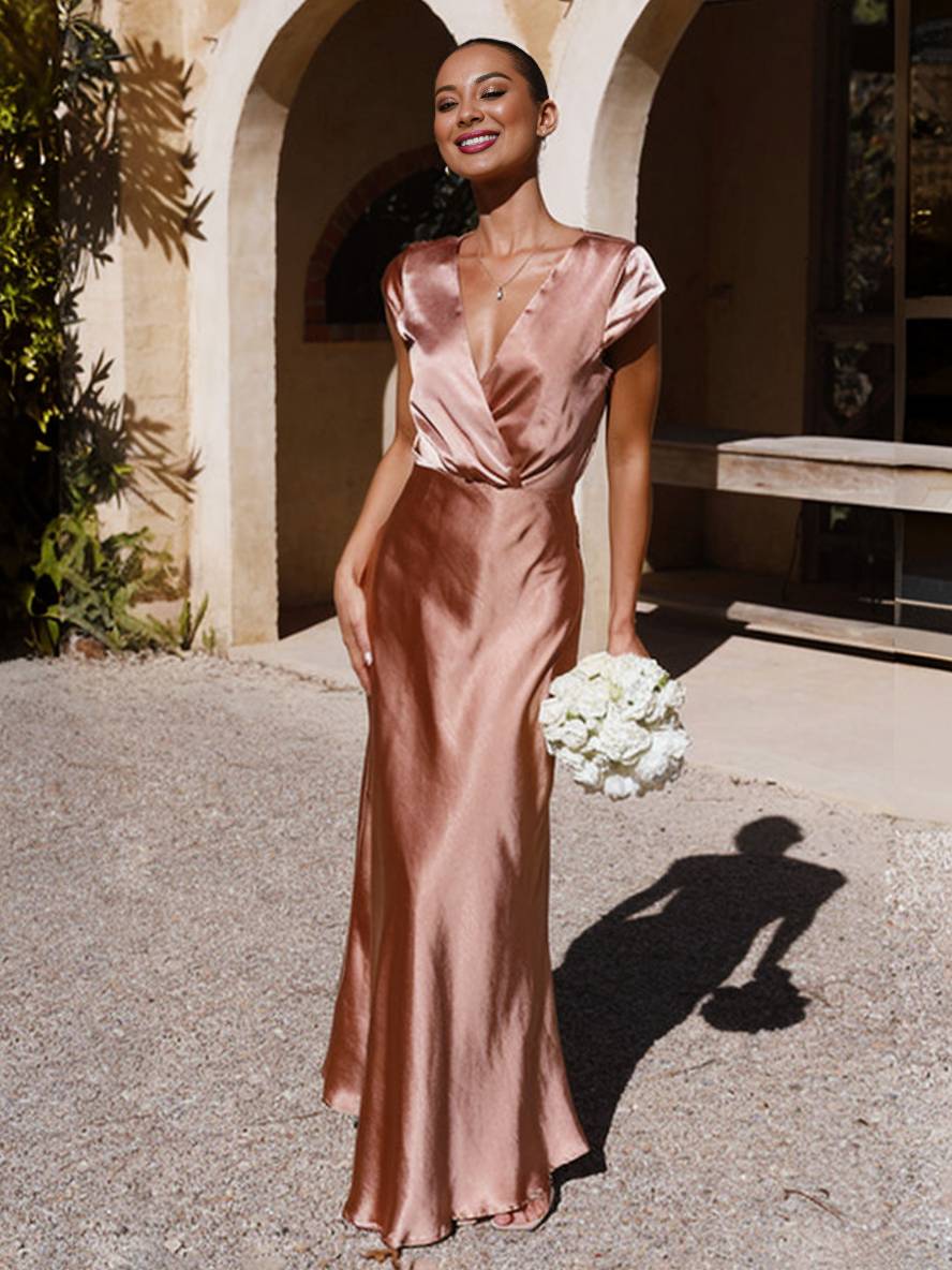 Vestido maxi mujer de satén escote en V mangas cortas capa
