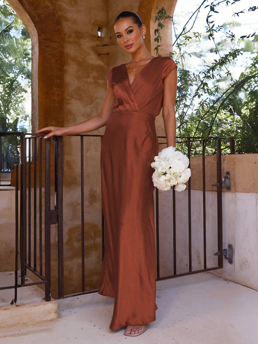 Vestido maxi mujer de satén escote en V mangas cortas capa - Mavetta