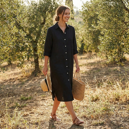 Vestido Camisero Midi Mujer Algodón Casual
