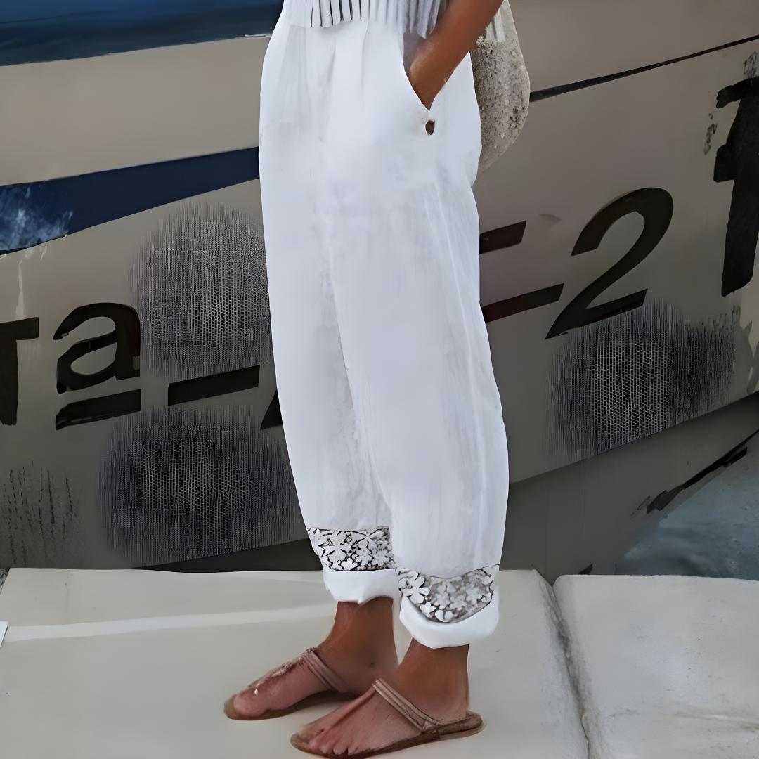 Pantalones Mujer Fluidos Rectos Encaje Bolsillos Bajo Vuelto