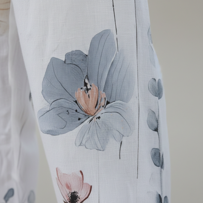 Pantalones Mujer Fluidos Rectos Encaje Bolsillos Bajo Vuelto