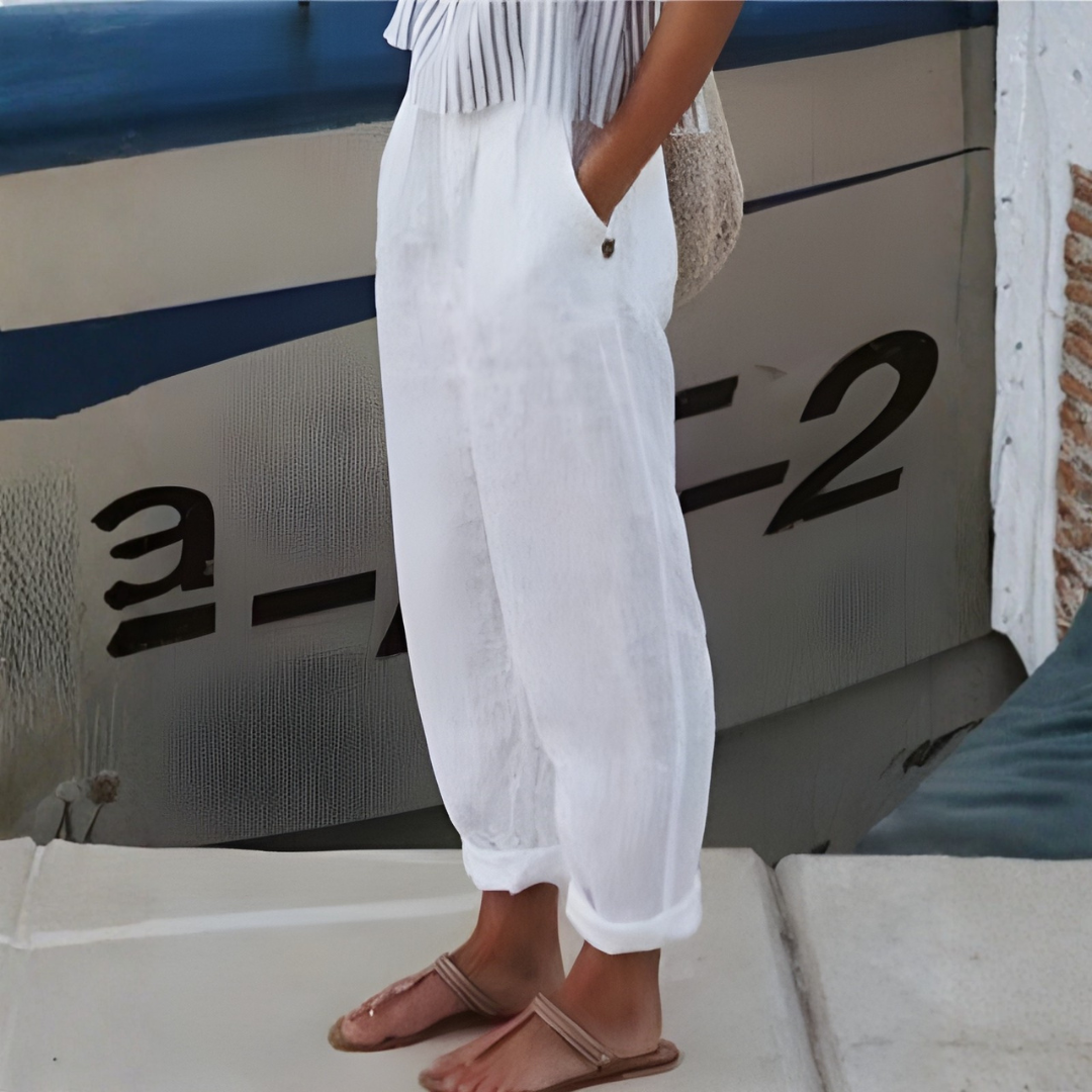 Pantalones Mujer Fluidos Rectos Encaje Bolsillos Bajo Vuelto