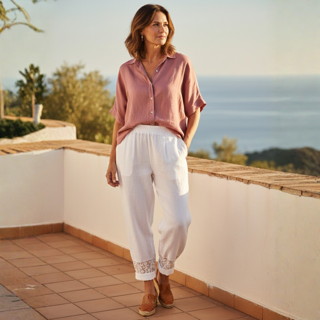 Pantalones Mujer Fluidos Rectos Encaje Bolsillos Bajo Vuelto