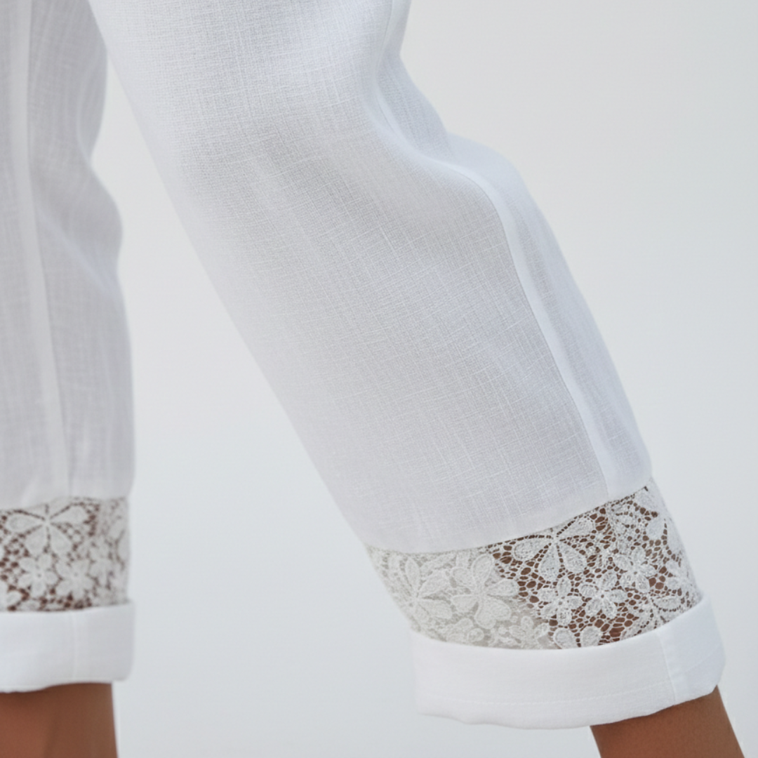 Pantalones Mujer Fluidos Rectos Encaje Bolsillos Bajo Vuelto