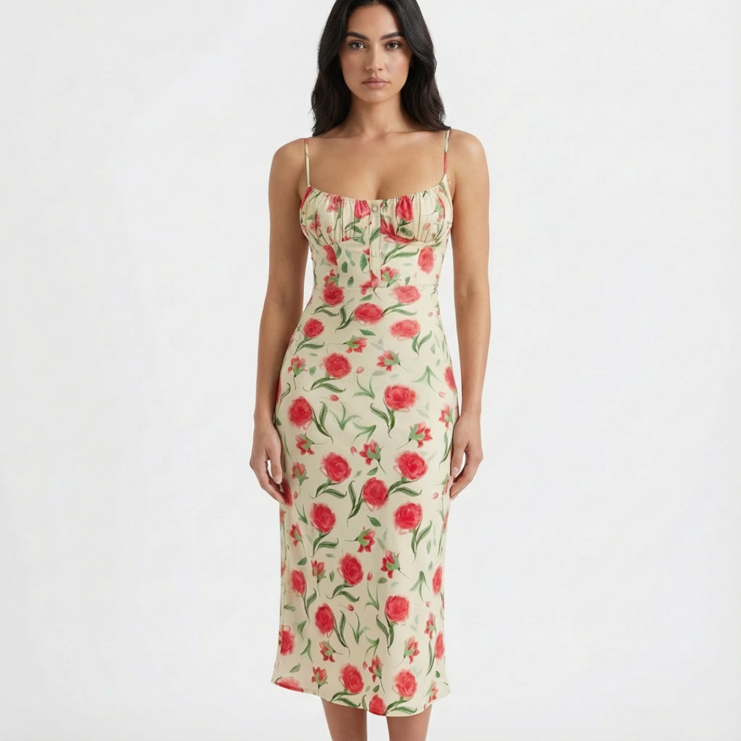 Vestido Midi Mujer Estampado Floral Tirantes Escote Recto Ajustado - Mavetta