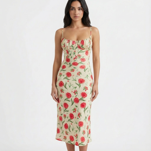 Vestido Midi Mujer Estampado Floral Tirantes Escote Recto Ajustado - Mavetta
