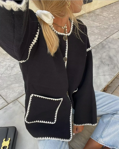 Chaqueta Mujer Elegante Cuello Redondo Bolsillos de Parche
