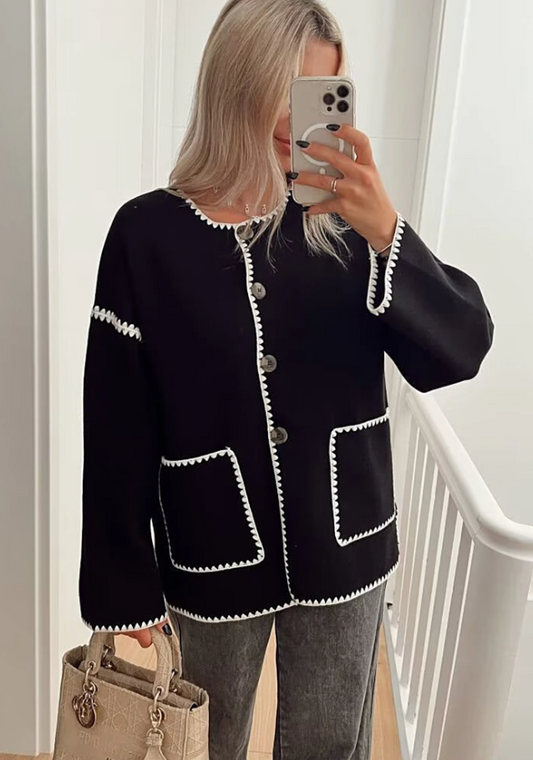 Chaqueta Mujer Elegante Cuello Redondo Bolsillos de Parche - Mavetta
