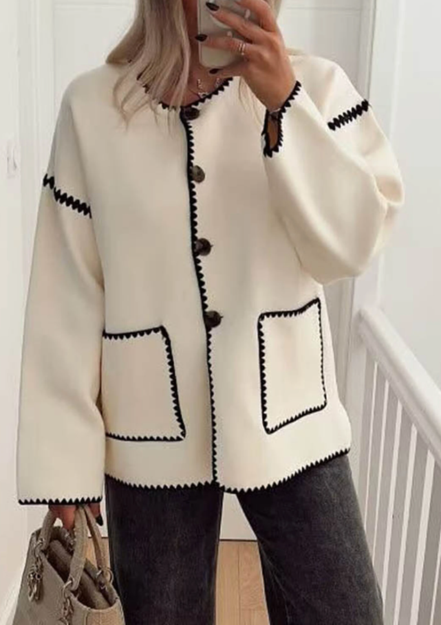 Chaqueta Mujer Elegante Cuello Redondo Bolsillos de Parche