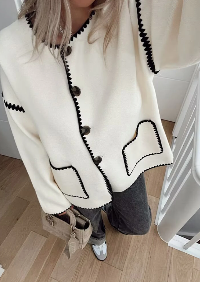 Chaqueta Mujer Elegante Cuello Redondo Bolsillos de Parche