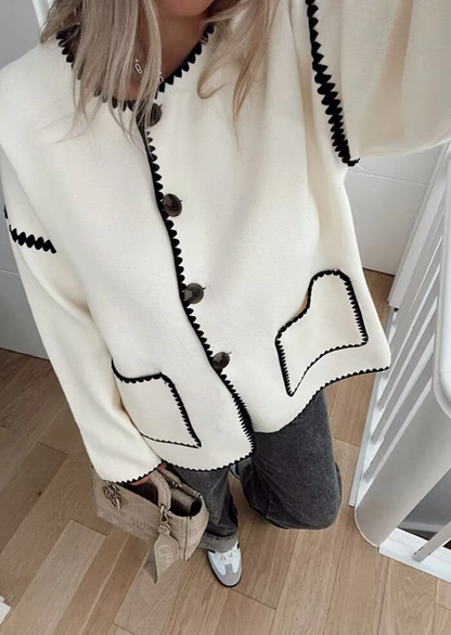 Chaqueta Mujer Elegante Cuello Redondo Bolsillos de Parche