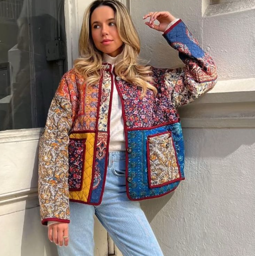 Abrigo Mujer Semi Acolchado Estampado Floral Bolsillos - Mavetta