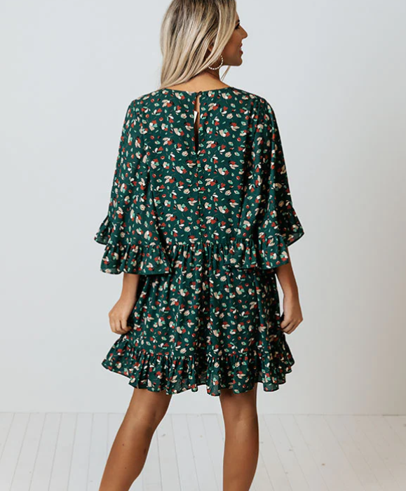 Vestido Corto Mujer Estampado Bohemio Mangas Sueltas