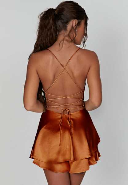Vestido Corto Mujer de Satén Ajuste Elegante Espalda Descubierta